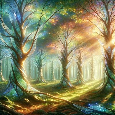 The primary subject of the image is a forest filled with trees. The setting is a lush green forest with a sunny atmosphere. The visual style is a digital art or illustration, creating a vibrant and colorful scene. The colors and mood are predominantly green, with a touch of yellow, indicating a sunny day in the forest.